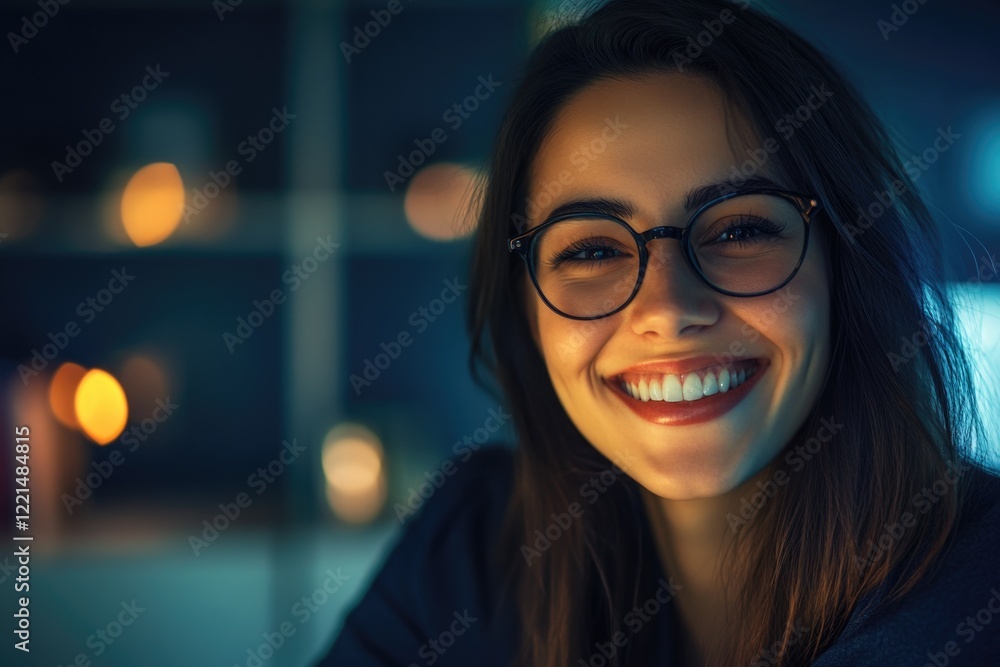 A person wearing glasses and smiling directly into the camera lens A person wearing glasses and smiling directly into the camera lens