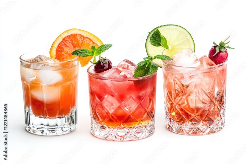 Close-up view of three different cocktail glasses on a white background Close-up view of three different cocktail glasses on a white background
