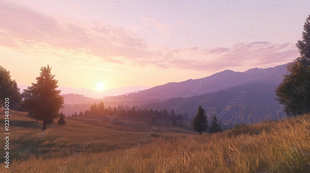 Serene sunset over rolling hills with trees and mountainous horizon Serene sunset over rolling hills with trees and mountainous horizon
