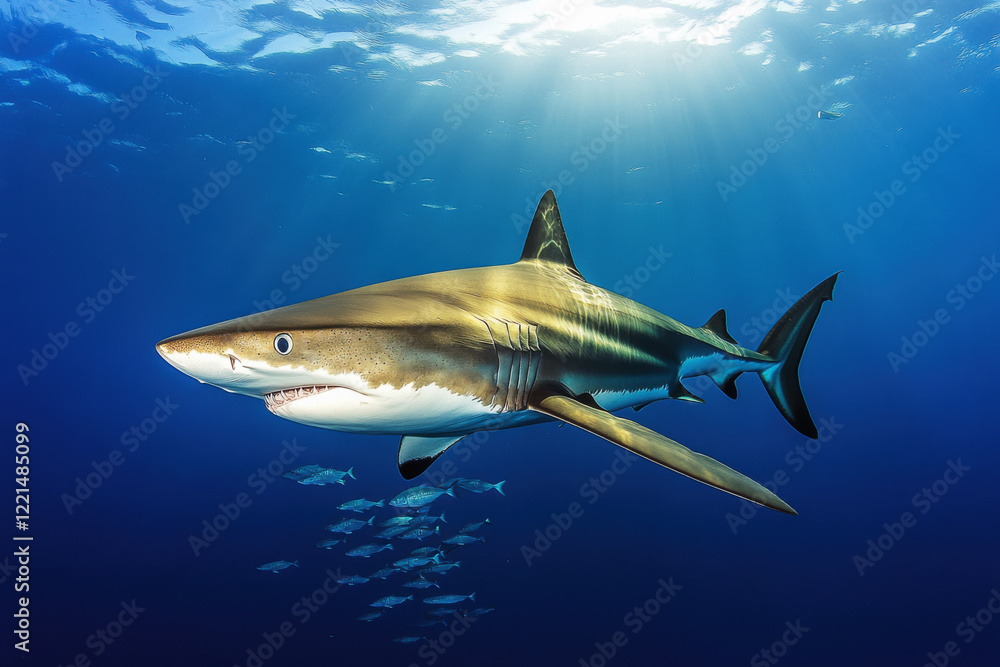 Fototapeta premium Magnificent shark gliding gracefully through the vibrant blue ocean alongside a school of small fish in illuminated depths