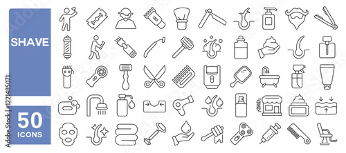 Set of 50 line icons related to shave, beard, barber, hair, razor, blade, cut, style, scissor, brush, care, cream, foam, Editable stroke. Vector illustration