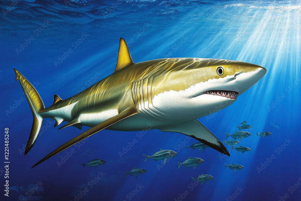 Fototapeta premium Majestic shark glides through deep blue ocean with small fish companions under radiant sunlight