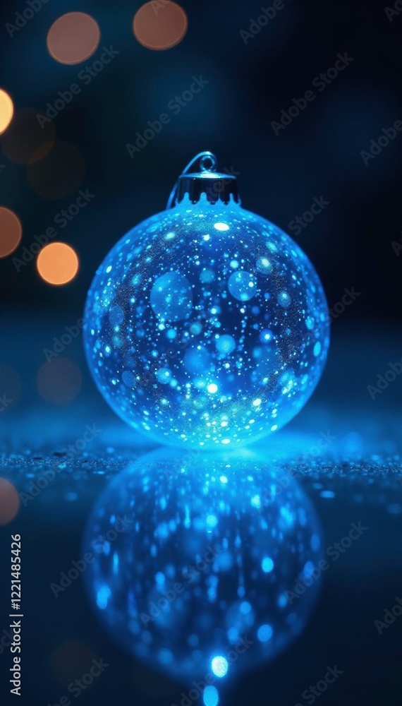 Glowing blue Christmas sphere with subtle reflection, blue glowing orb, soft glow