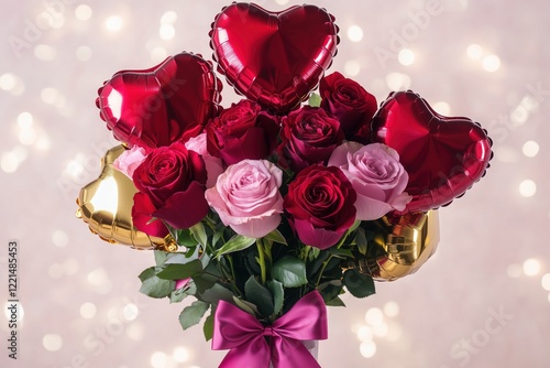 Rose bouquet with satin ribbons and balloons against a soft glow