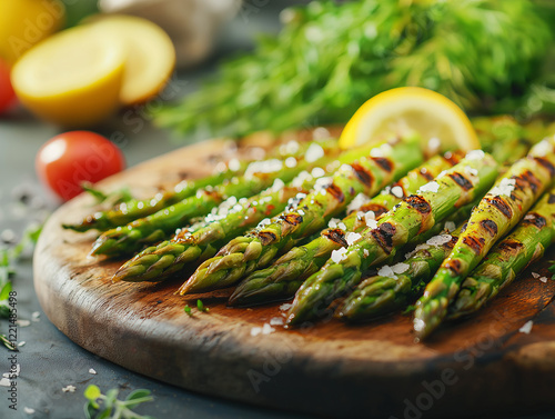 Grilled asparagus spears drizzled with olive oil and sprinkled with sea salt and black pepper, arranged on a rustic wooden platter. Fresh lemon slices and herbs in background