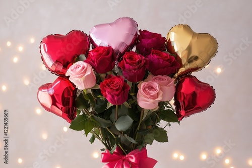 Vibrant bouquet of red and pink roses with heart-shaped balloons