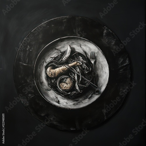 Artistic food plate, dark grayscale, still life, presentation