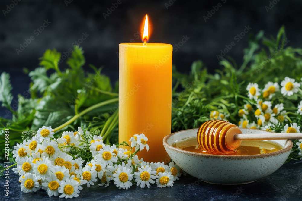 Relaxing natural healing setup with beeswax candle, honey, and fresh chamomile flowers in warm lighting Relaxing natural healing setup with beeswax candle, honey, and fresh chamomile flowers in warm lighting