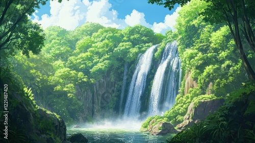 Serene waterfall in lush green forest under clear blue sky