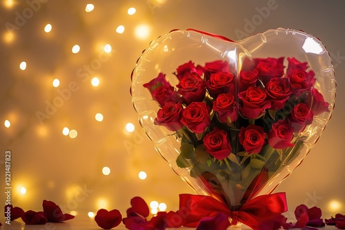 Heart-shaped balloon filled with fresh roses and glowing light decorations