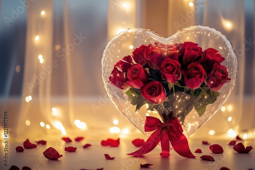 Stunning heart bouquet of roses inside a balloon with warm light accents