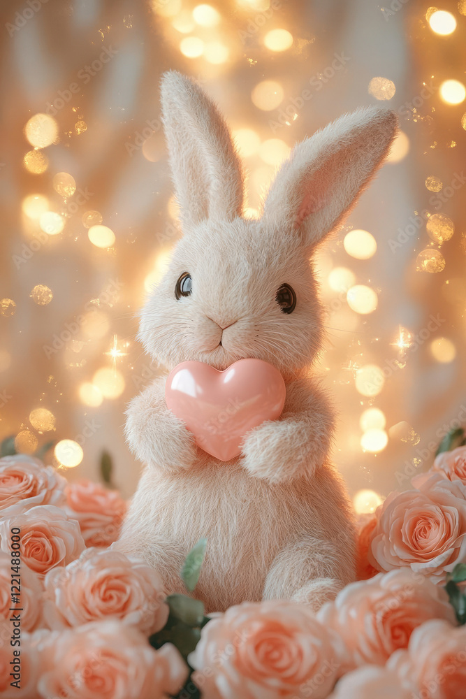 Obraz premium Cute bunny holding heart surrounded by pink roses and soft lights