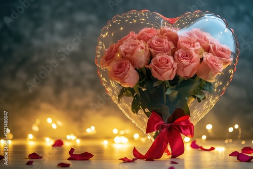 Heart-shaped rose arrangement in balloon with sparkling lights and red petals