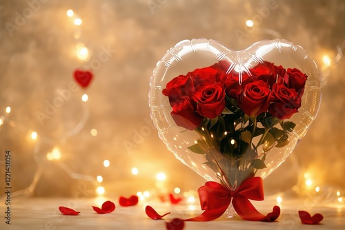 Romantic rose bouquet in heart-shaped balloon with satin ribbon and soft lighting