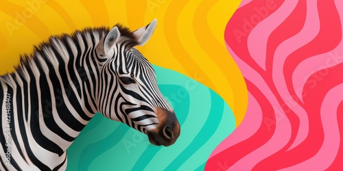 A zebra is staring at the camera with a colorful background. The zebra is the main focus of the image, and the colorful background adds a playful and vibrant touch to the scene photo