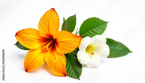 Elegant saffron and white flowers on green leaves, natural beauty
