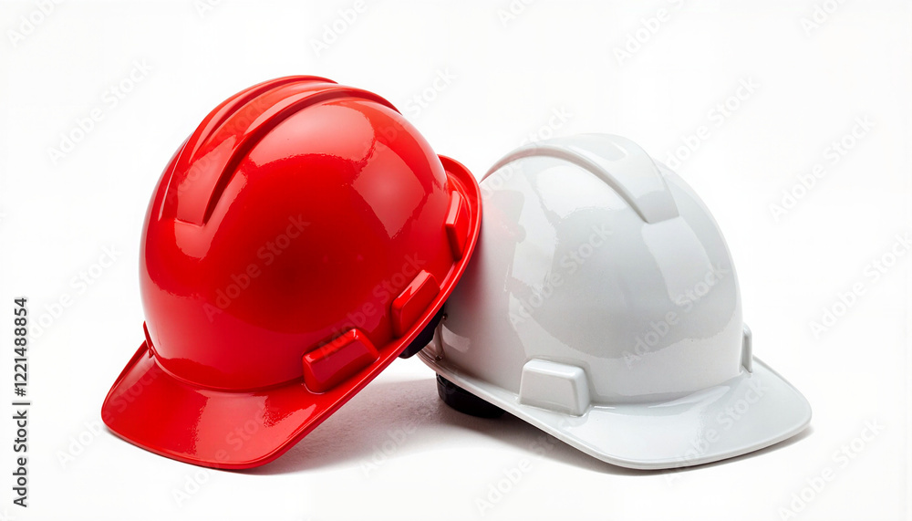 Fototapeta premium Symmetrical red and white hard hats on white background, safety symbolism