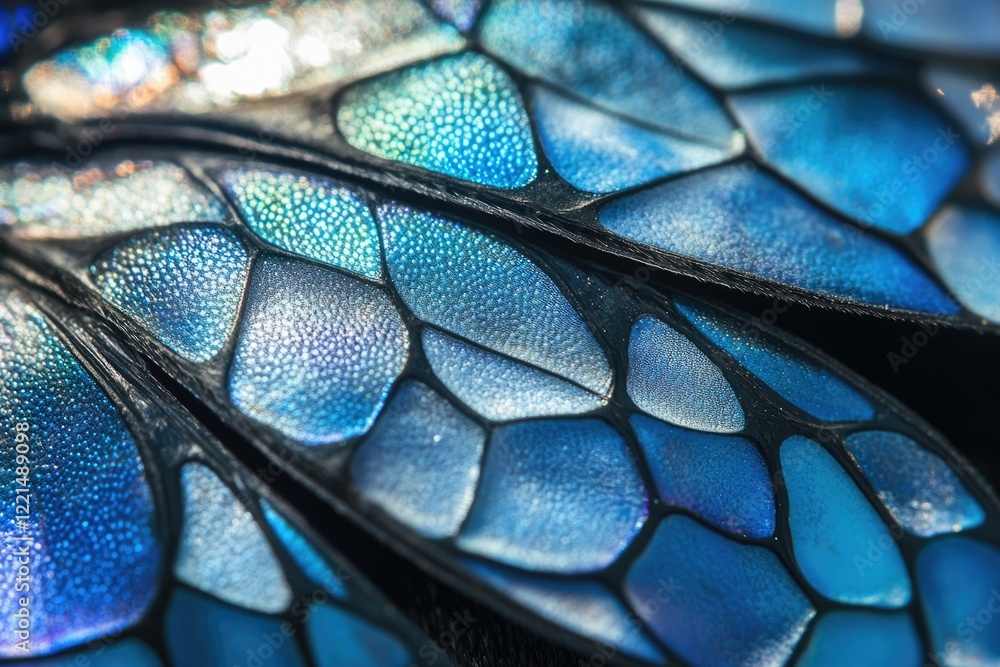 Close-up of iridescent blue butterfly wings, showcasing intricate scale patterns and textures. Close-up of iridescent blue butterfly wings, showcasing intricate scale patterns and textures.