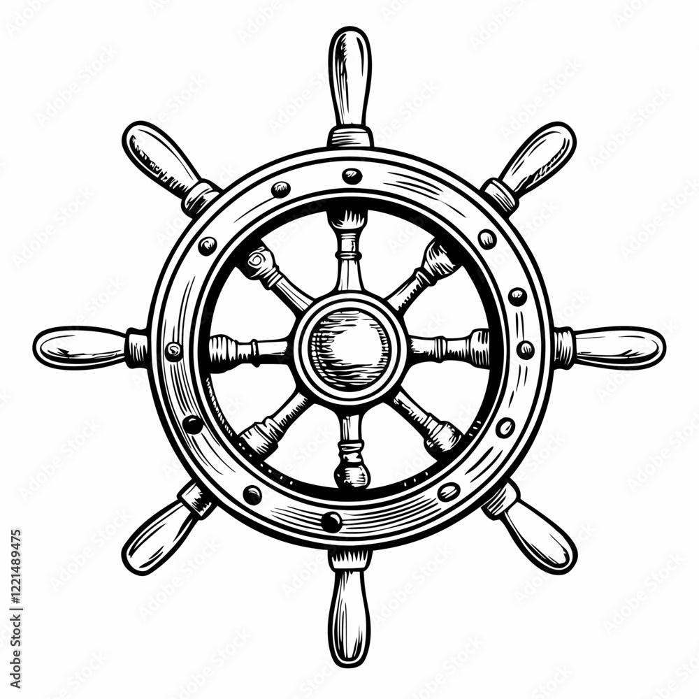 Obraz premium Nautical Ship Steering Wheel Illustration, Maritime Navigation, Vintage Design, Retro Nautical Art