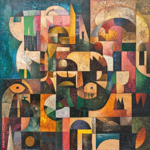 Colorful abstract artwork combining geometric shapes and organic forms in a vibrant composition full of texture and depth. Generative AI