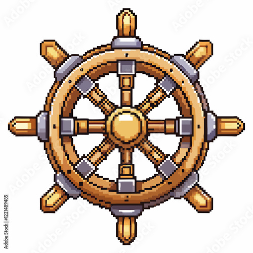 Detailed pixel art illustration of a vintage wooden ship wheel, nautical theme, maritime navigation, classic steering helm