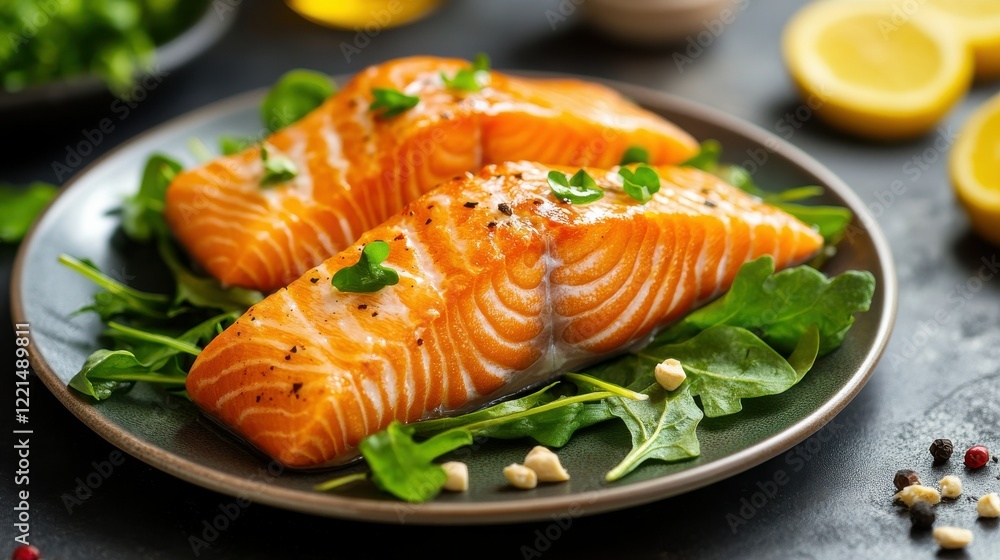 Delicious grilled salmon fillets on arugula with lemon slices and seasoning Delicious grilled salmon fillets on arugula with lemon slices and seasoning