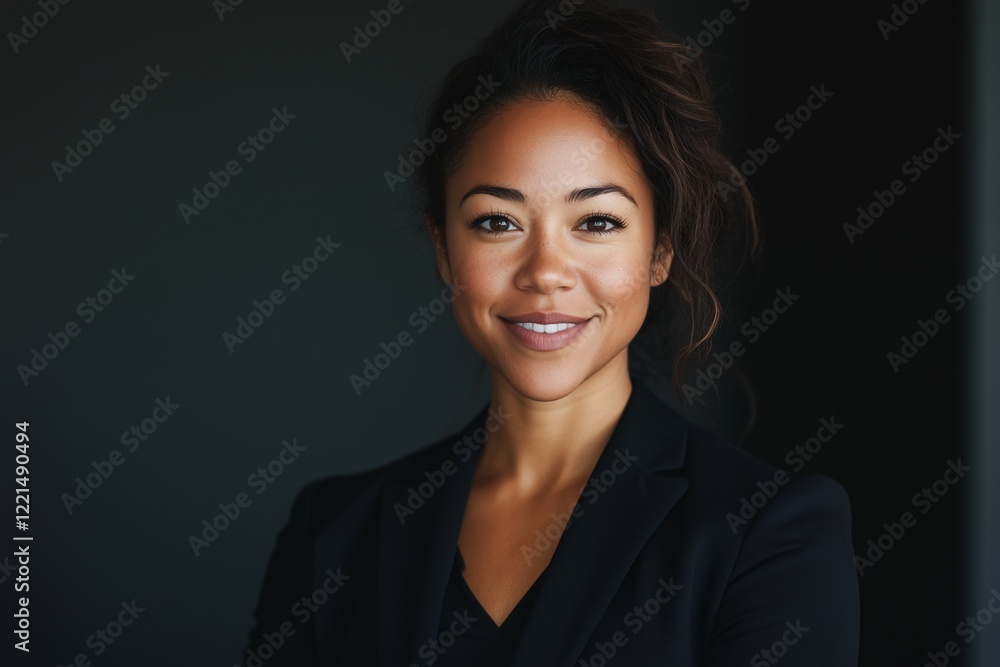 Fototapeta premium Woman wearing a black suit standing in a black office, confident expression