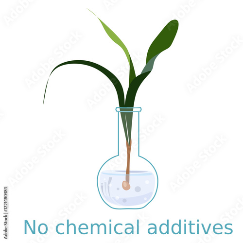 Logo to indicate a product without added chemicals represented with a small plant soaking in a laboratory flask