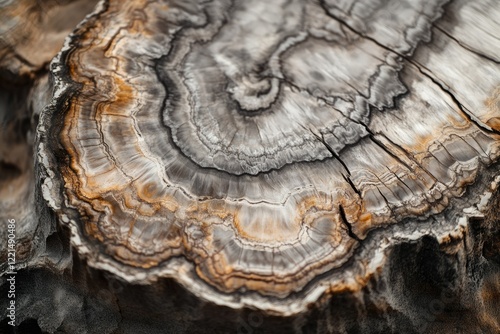 Close-up of petrified wood showcasing intricate patterns and textures of fossilized tree rings. photo