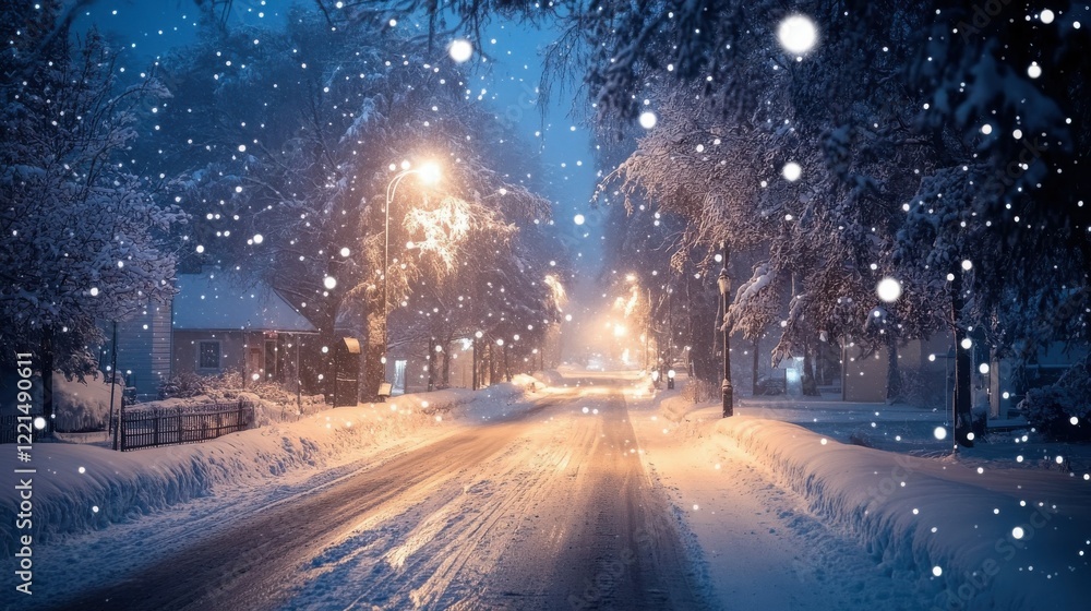 Tranquil snowy night street scene with falling snowflakes and illuminated trees Tranquil snowy night street scene with falling snowflakes and illuminated trees
