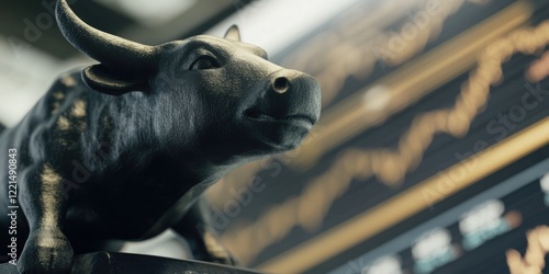 A figurine of a bull placed on a table, often used as decorative piece or symbol photo