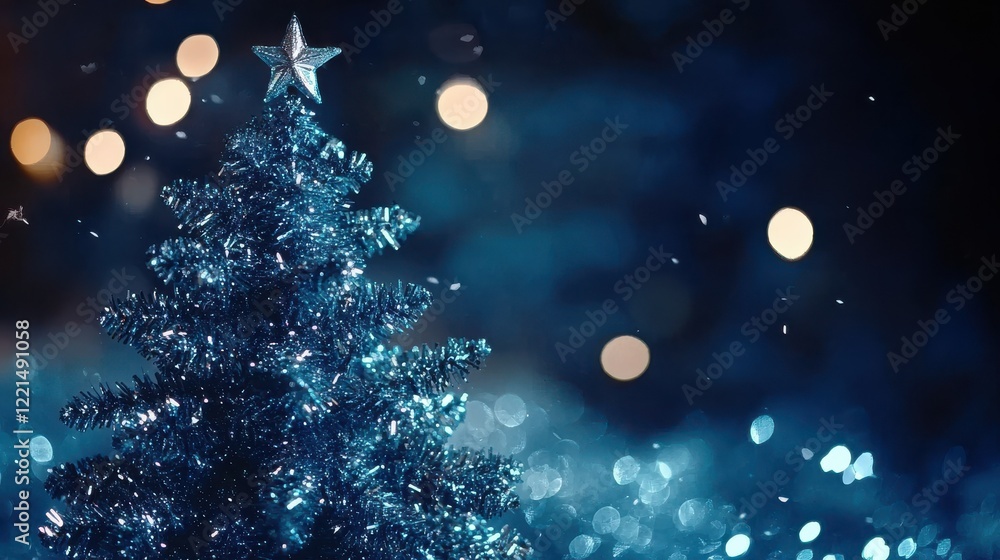 Naklejka premium Sparkling christmas tree with star topper against blurred lights in night scene