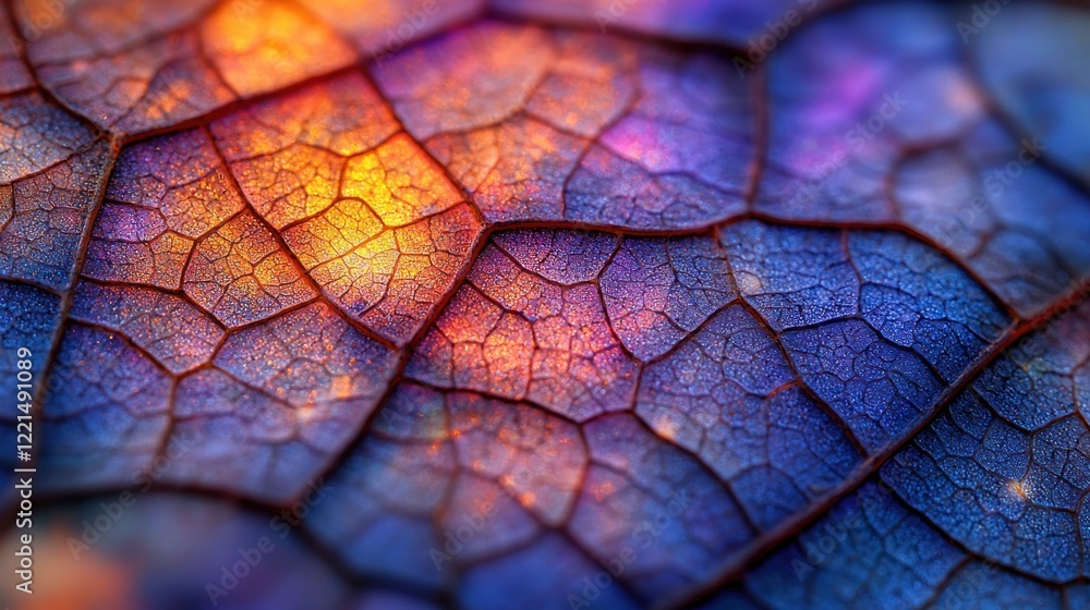 Fototapeta premium Illuminated leaf vein texture, close-up, autumn, background blur, design