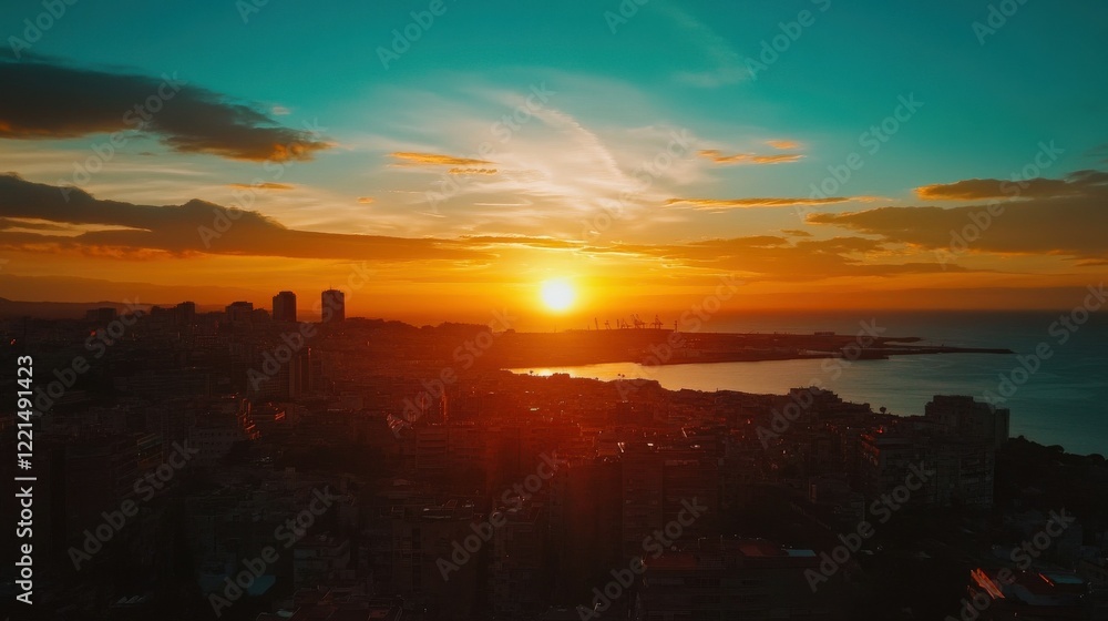 Sunset over coastal cityscape with vibrant skies and silhouetted buildings Sunset over coastal cityscape with vibrant skies and silhouetted buildings
