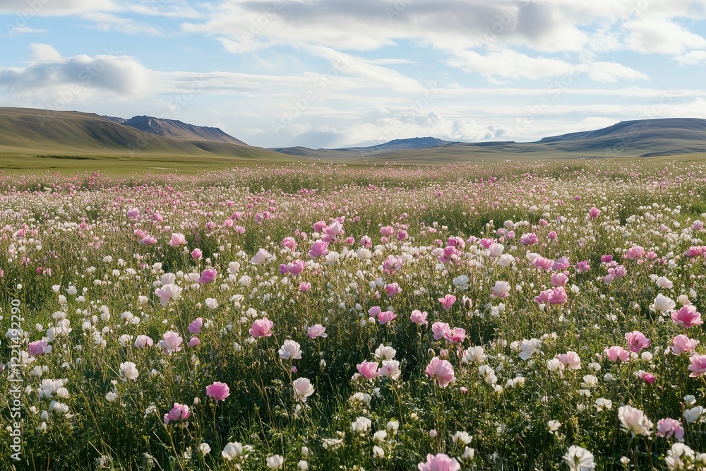 Blooming wild rose meadow with gentle sunlight and cloud shadows Blooming wild rose meadow with gentle sunlight and cloud shadows