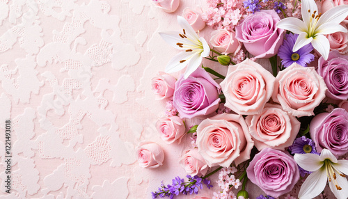 Elegant floral arrangement with roses and lilies on lace background, beauty