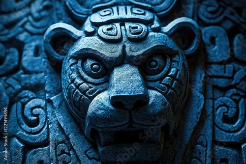 Intricate stone carving of a jaguar's head, adorned with Mayan glyphs, evokes ancient power and mystery. photo