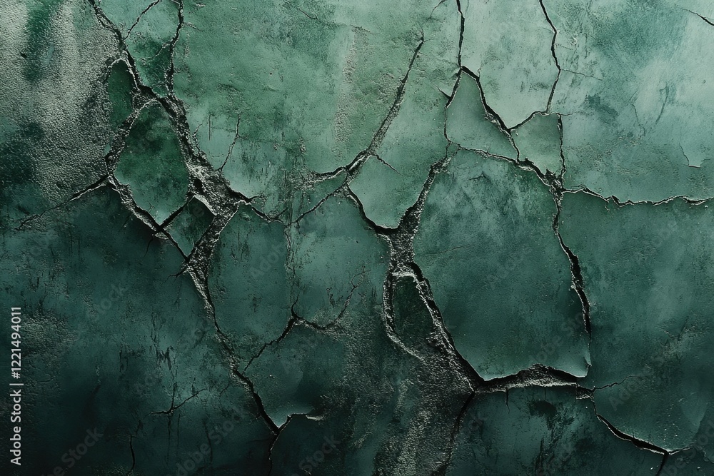 Deep green textured wall with cracks and crevices, showing age and decay. Deep green textured wall with cracks and crevices, showing age and decay.