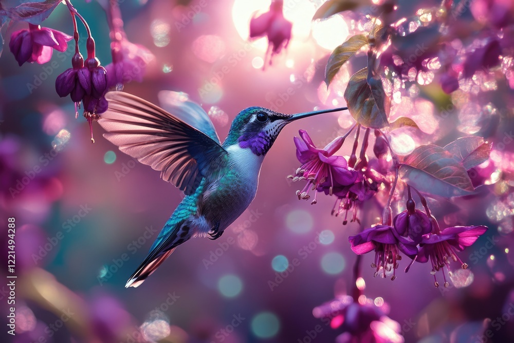 Obraz premium Vibrant hummingbird in flight, feeding on fuchsia flowers, bathed in soft, magical light.
