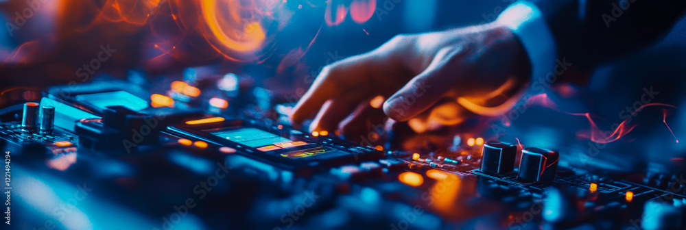 Obraz premium A hand mixes music on a vibrant illuminated console at a nighttime event