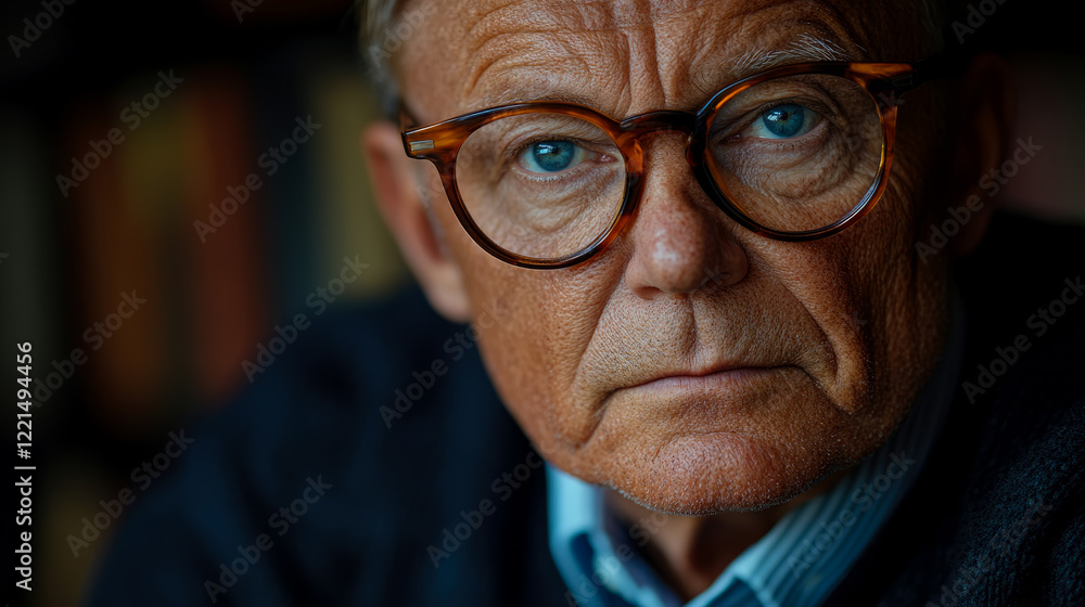 Close-up Portrait of a Senior Man with Blue Eyes and Brown Glasses Close-up Portrait of a Senior Man with Blue Eyes and Brown Glasses