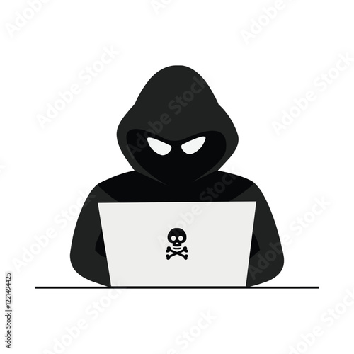 Hacker logo or hacker in black hoodie cyber crime with laptop. vector illustration