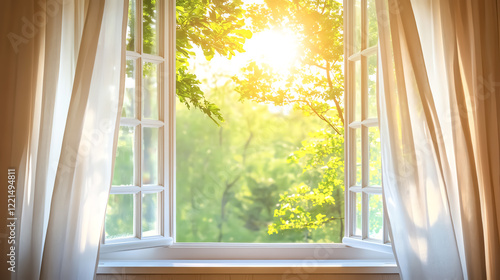 An open window with curtains swaying gently, inviting in sunlight and fresh air, symbolizing renewal