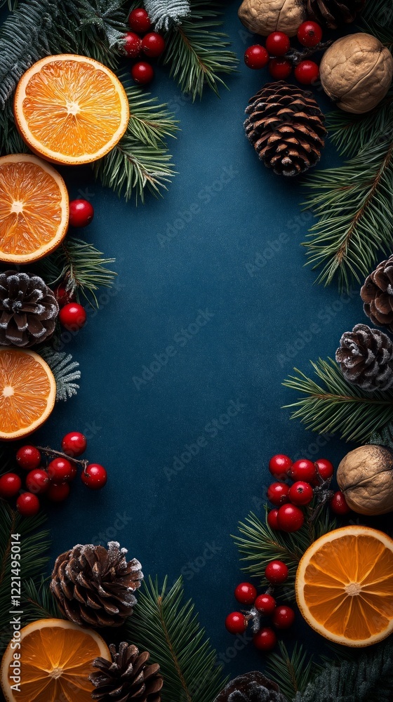 Festive new year greetings with pine cones, oranges, and evergreen branches for holiday design and decorations Festive new year greetings with pine cones, oranges, and evergreen branches for holiday design and decorations