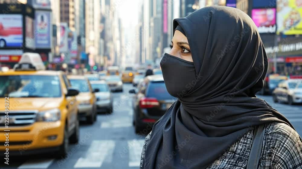 Woman in a black hijab strolling through a busy city street with traffic and tall buildings around Woman in a black hijab strolling through a busy city street with traffic and tall buildings around