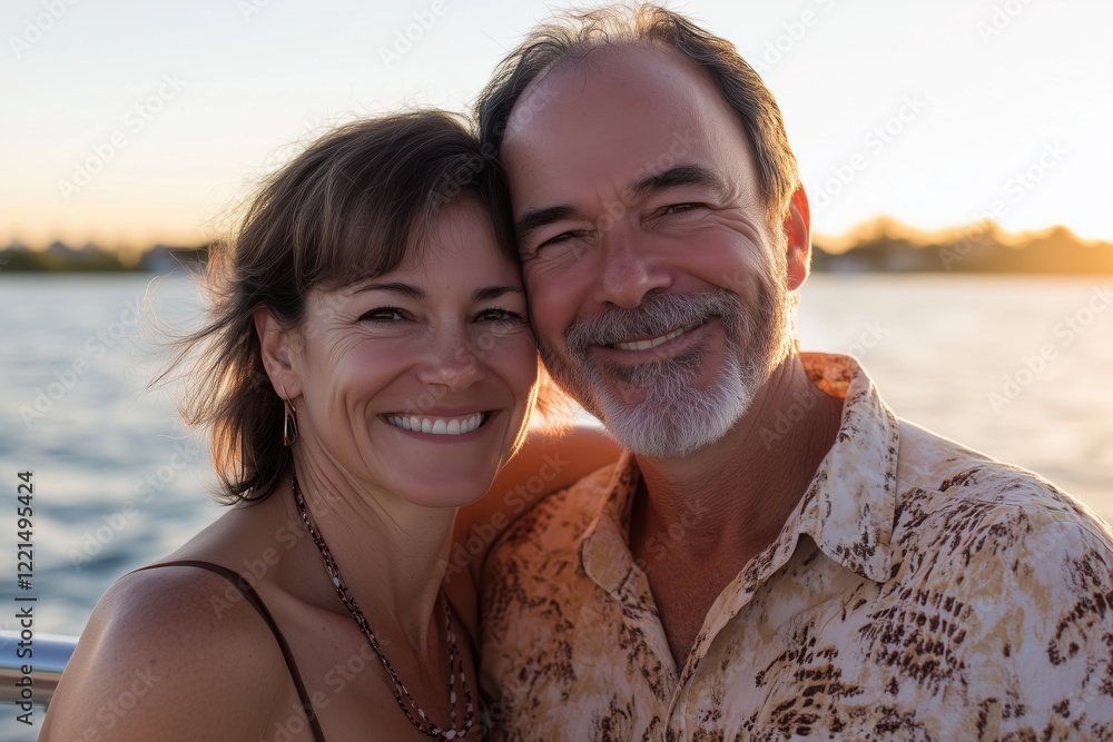 Romantic sunset setting with a couple on a luxury boat Romantic sunset setting with a couple on a luxury boat