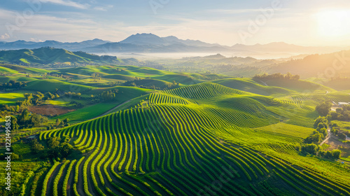 Sunrise over Verdant Rolling Hills and Terraced Farmland