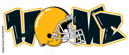 Home - gold and black football player helmet, sport vector graphics, hockey, for street art - graffiti lettering typography - art illustration - multicolor - writen	
