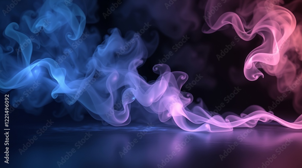 Obraz premium Mystical mist. Swirling smoke in dark and light symphony. Fluid fantasia. Abstract dance of fog and light on floor with black background 