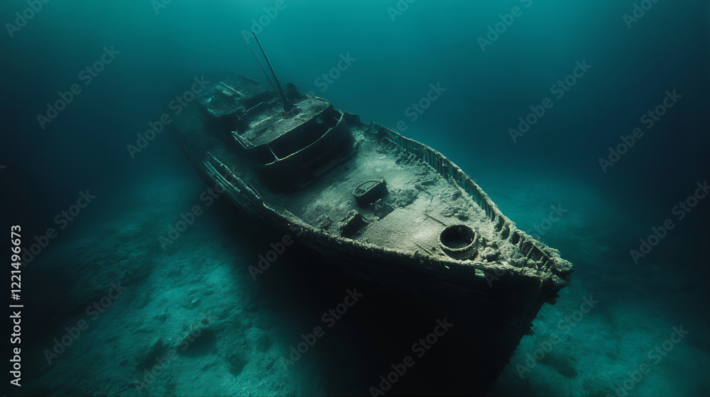 Naklejka premium Wreck ship, ship wreck underwater. Sun beam rusty ghost wreck ship. Shipwreck in the sea, adrift at sea. Martime accident, old ship wreck, sunk ship. Wreck of the ship, underwater ship wreck